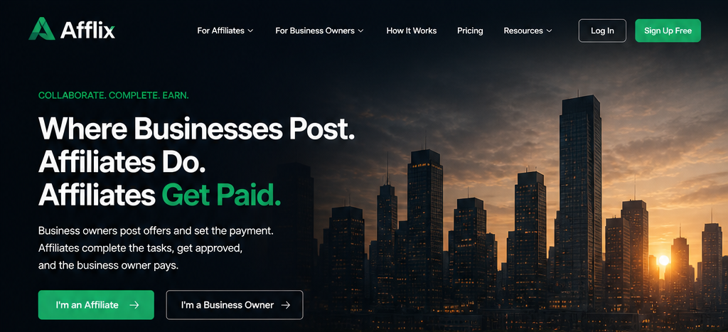 Project screenshot: Afflix affiliate platform website