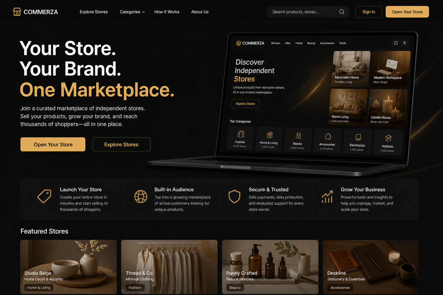 Project screenshot: Commerza marketplace website